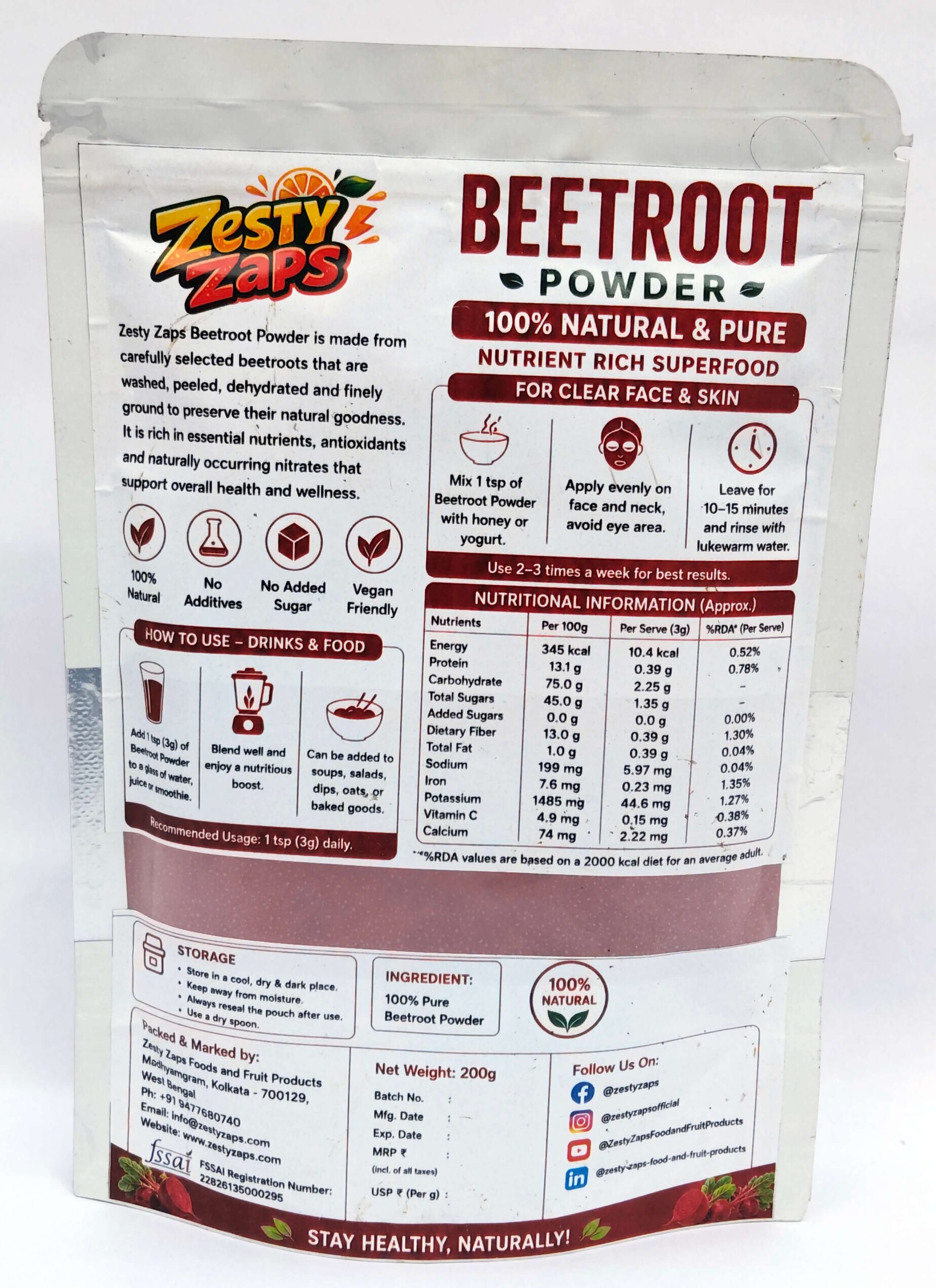 Zesty Zaps Beetroot Powder 100g and 200g | 100% Pure Beetroot Powder | Natural Superfood | No Added Sugar | No Preservatives | Vegan Friendly | Nutrient Rich Beet Root Powder - Image 2