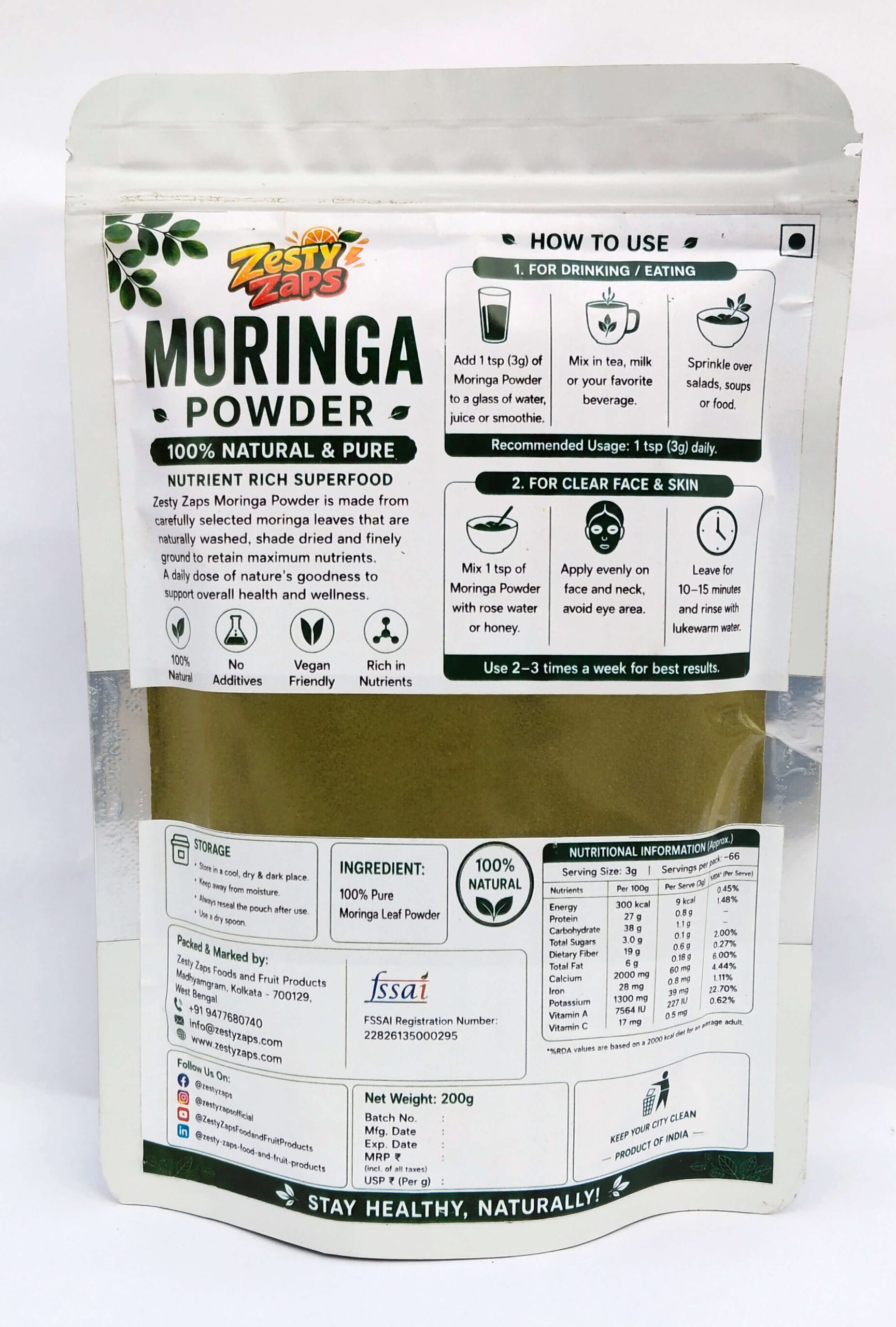Zesty Zaps Moringa Powder Combo Pack (200g X 2) | 100% Pure Moringa Leaf Powder | Natural Plant-Based Superfood | No Additives, No Preservatives | Vegan Friendly | Nutrient Rich Green Powder - Image 2