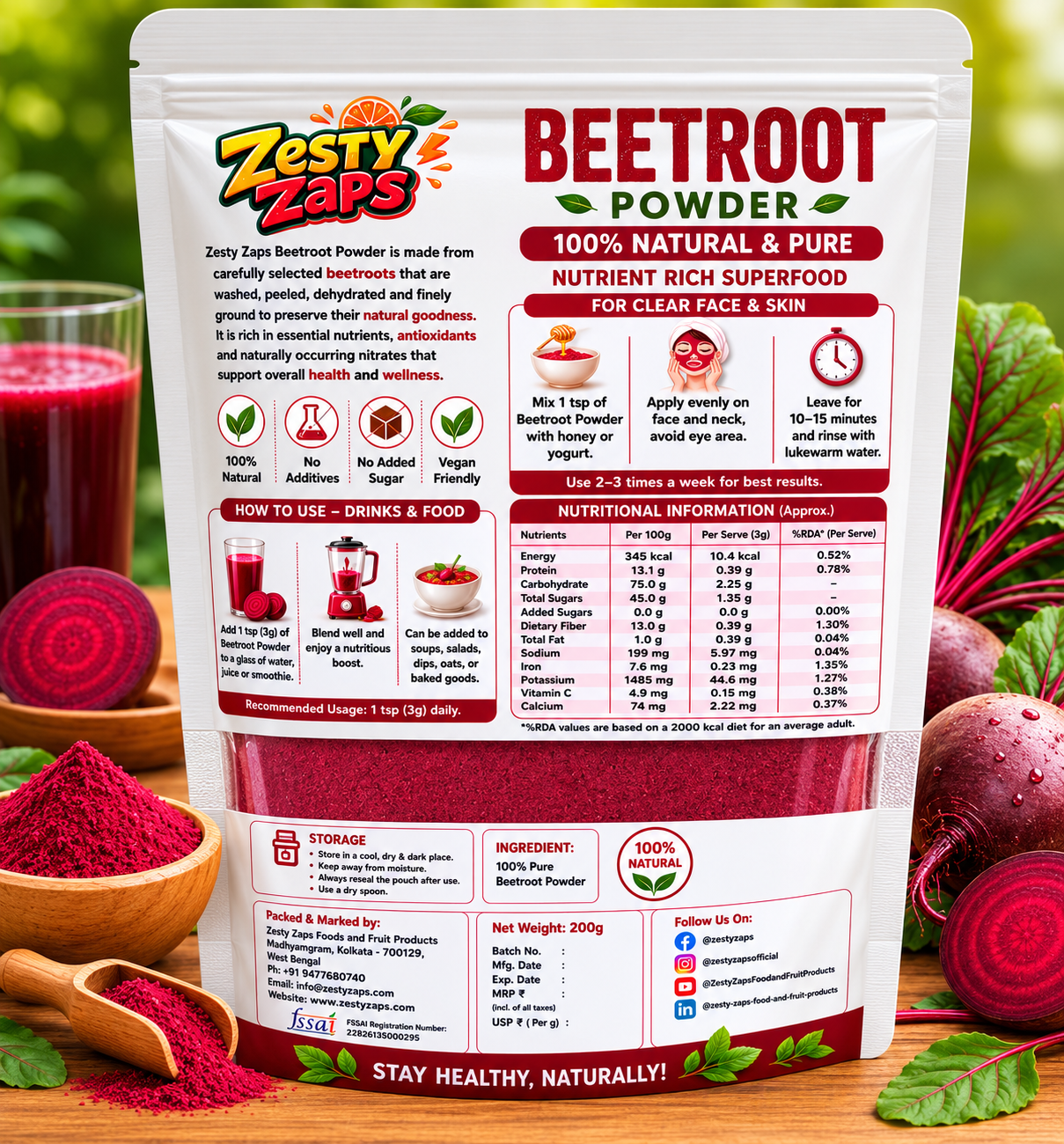 Zesty Zaps Beetroot Powder Combo Pack 200g X 2 | 100% Pure Beetroot Powder | Natural Superfood | No Added Sugar | No Preservatives | Vegan Friendly | Nutrient Rich Beet Root Powder - Image 2