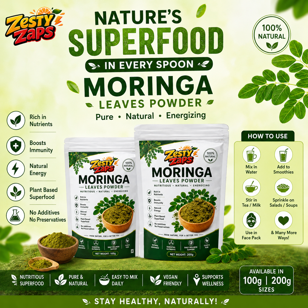Zesty Zaps Moringa Powder Combo Pack (100g X 2) | 100% Pure Moringa Leaf Powder | Natural Plant-Based Superfood | No Additives, No Preservatives | Vegan Friendly | Nutrient Rich Green Powder - Image 4
