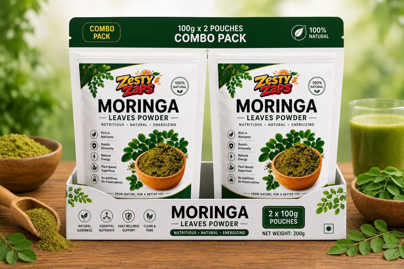 Zesty Zaps Moringa Powder Combo Pack (100g X 2) | 100% Pure Moringa Leaf Powder | Natural Plant-Based Superfood | No Additives, No Preservatives | Vegan Friendly | Nutrient Rich Green Powder
